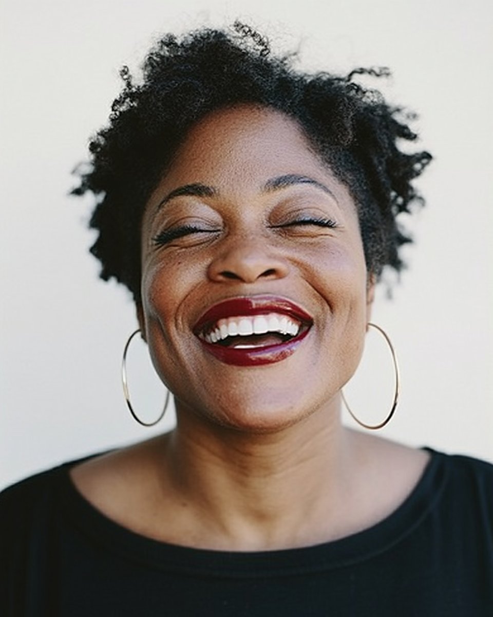 A woman laughing with her eyes closed.