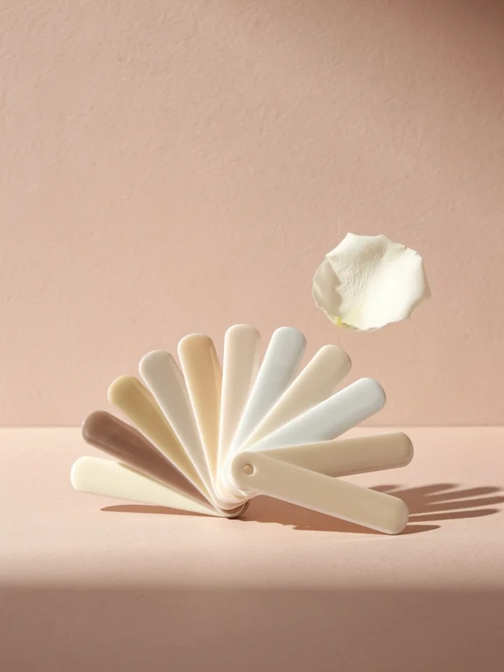 Porcelain shade tabs fanned out beside a white petal