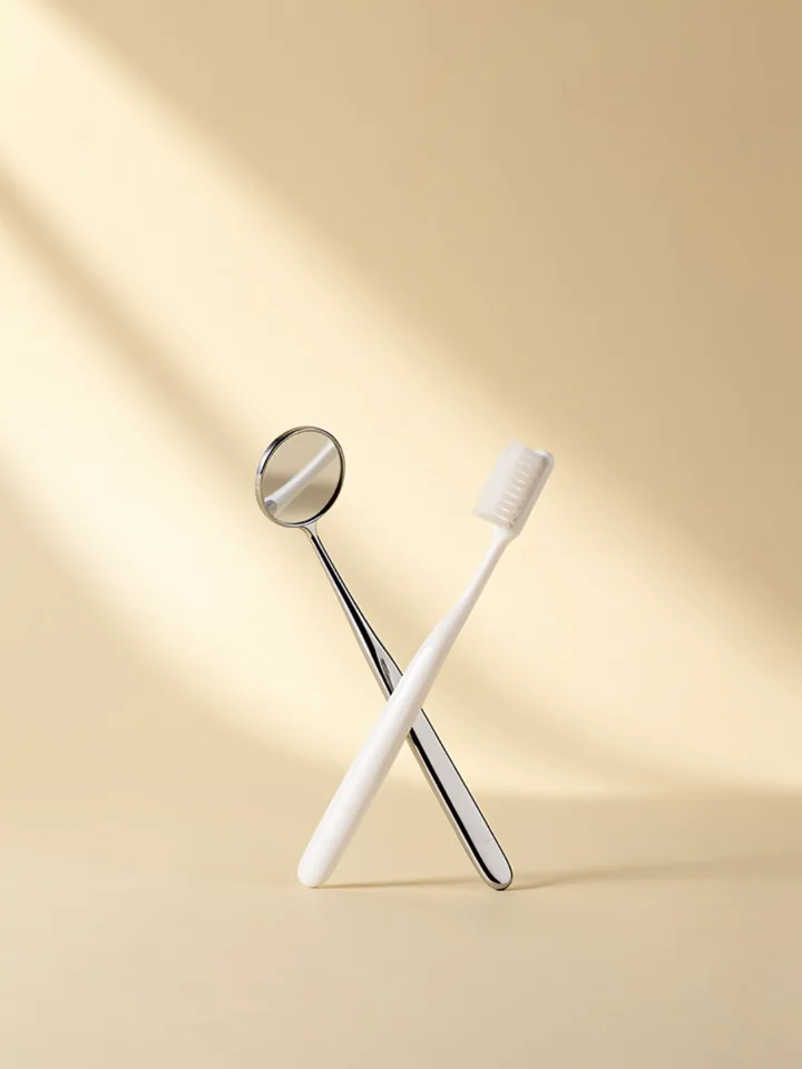 A dental mirror and a toothbrush in soft daylight