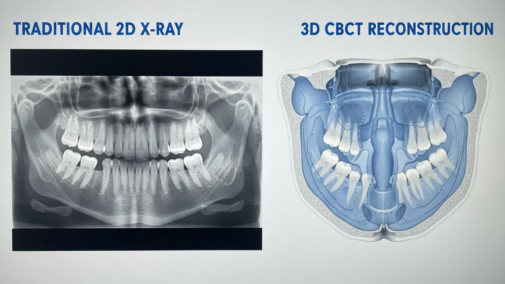 Comparison of traditional 2D dental X-ray versus 3D CBCT scan showing teeth jawbone and airway