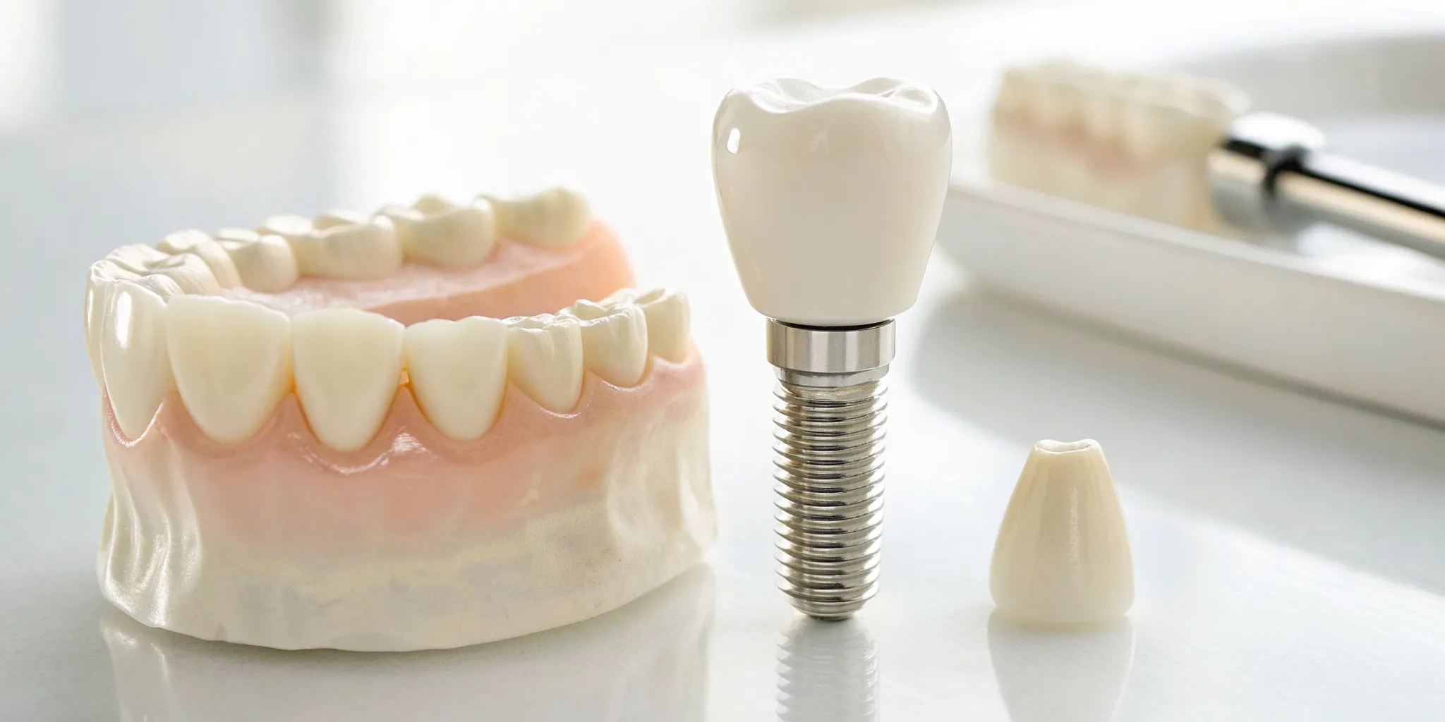 Model of a white, metal-free dental implant and zirconia crown for a natural smile.