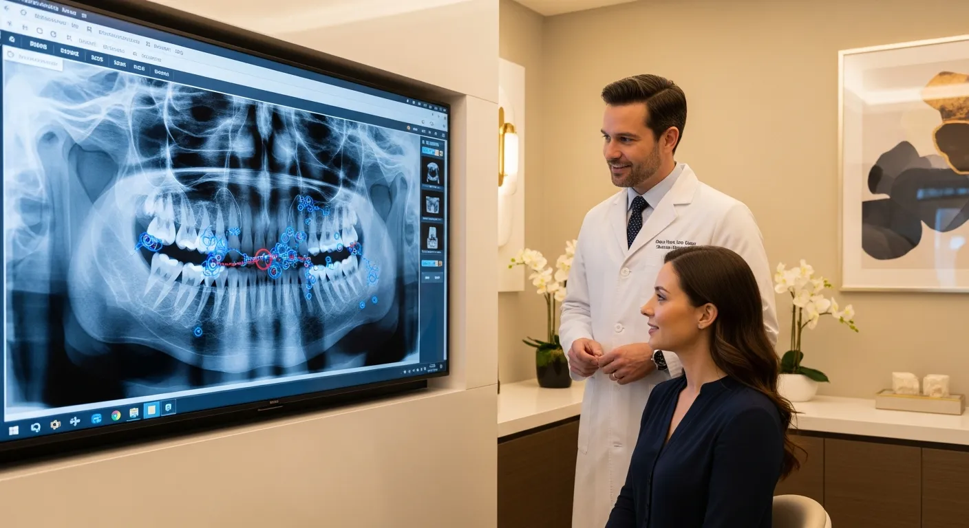 AI dental diagnostics screen showing annotated dental X-ray at a modern dental practice