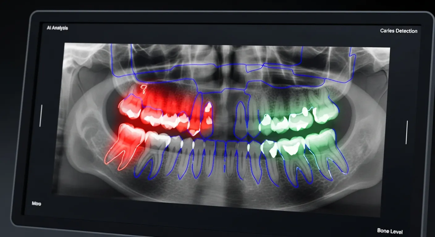 AI-powered dental diagnostic overlay showing decay detection and bone level analysis on a dental X-ray