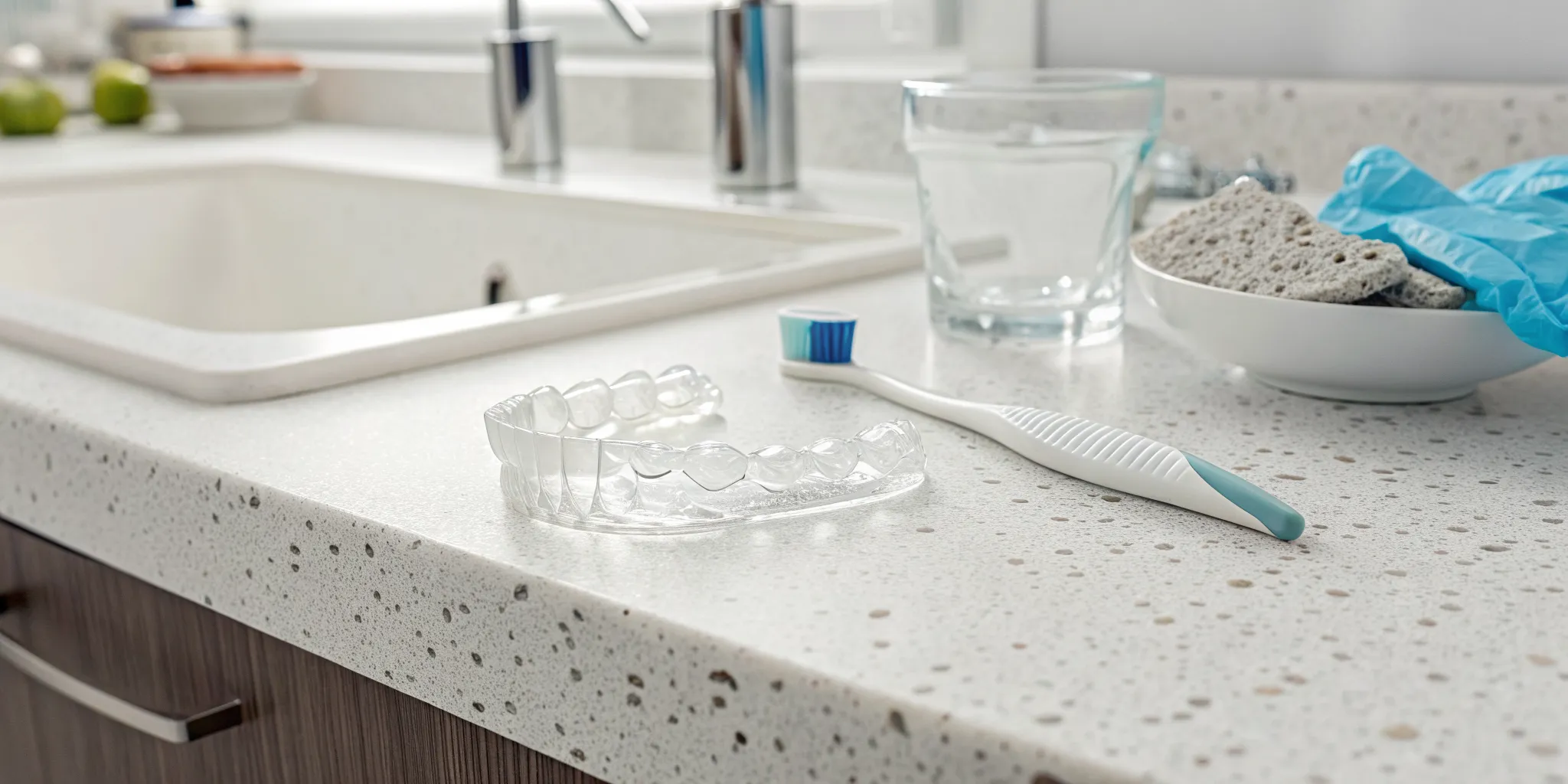 Limpiando un retenedor dental transparente con un cepillo de dientes.