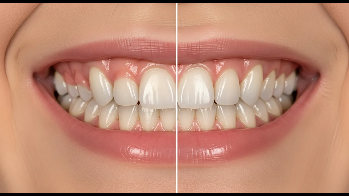 Gum contouring before and after comparison showing a gummy smile transformed into a balanced symmetrical gumline