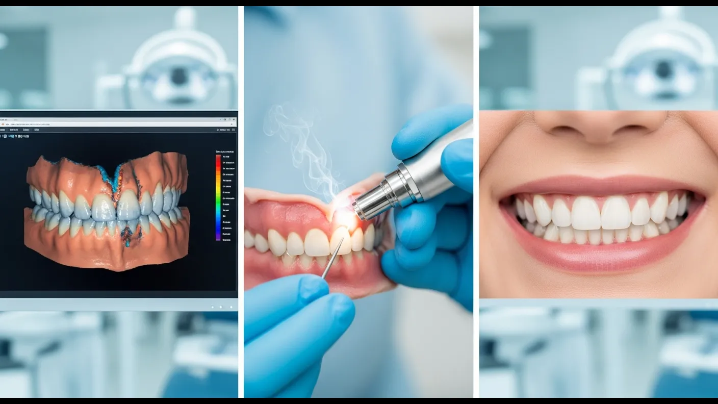 Step by step laser gum contouring procedure from digital scan to sculpting to final healed result