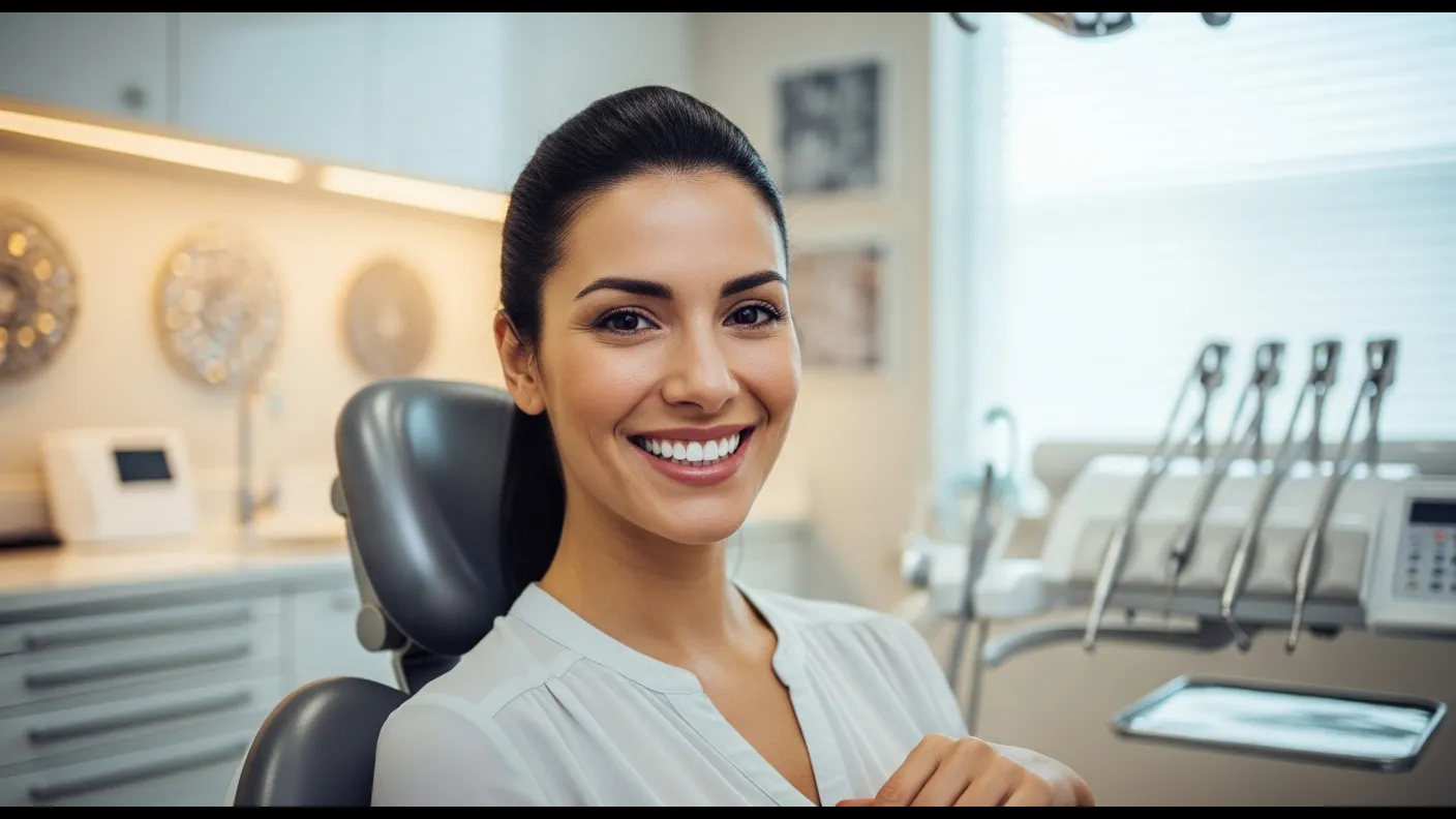 Happy patient showing a confident smile after gum contouring in a modern dental office