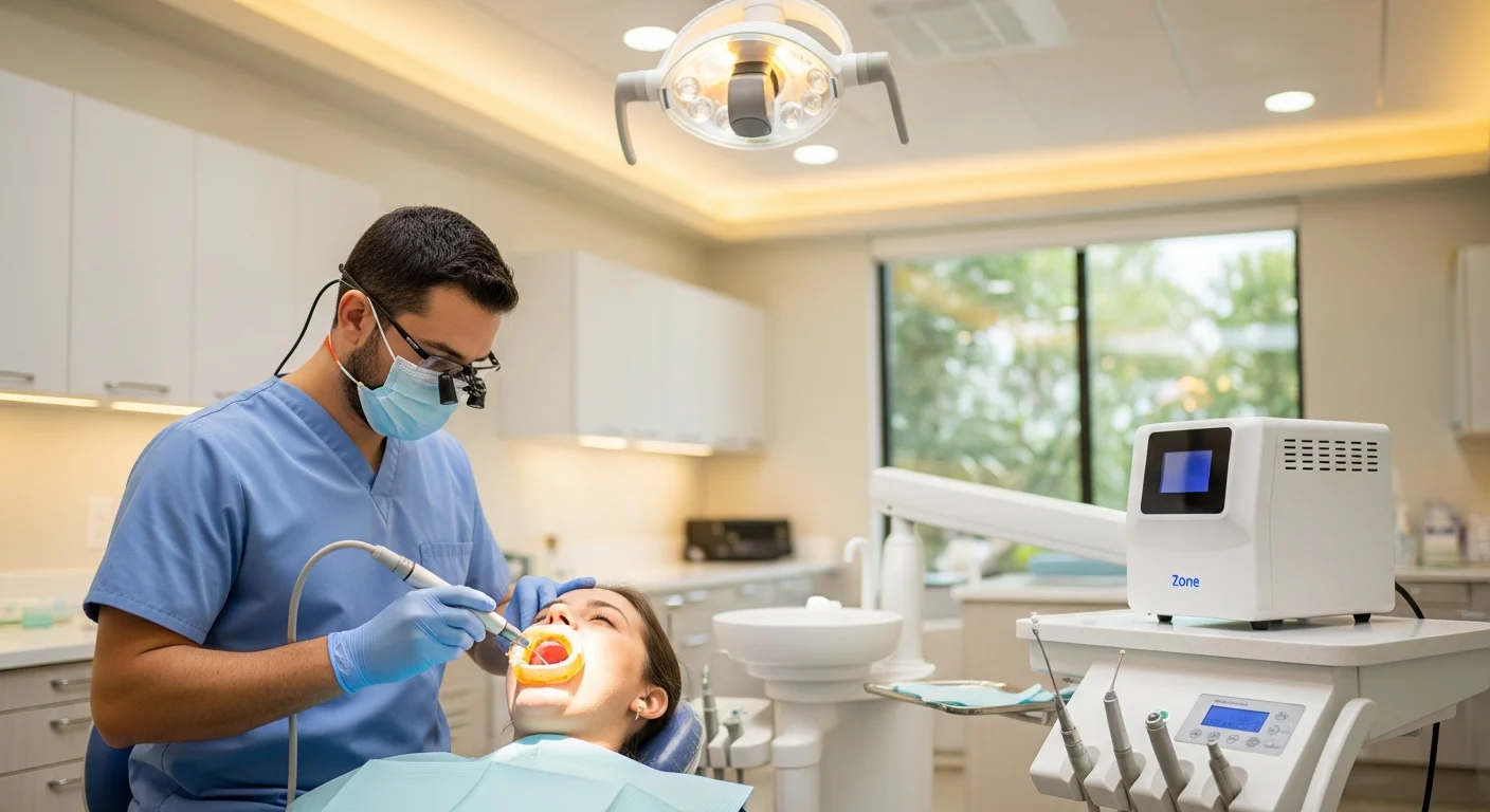 Dentist performing ozone therapy treatment on a patient in a modern dental office