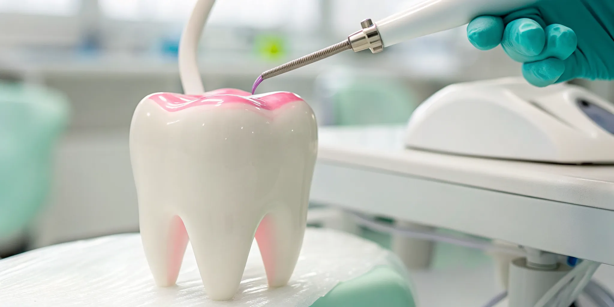 Ozone therapy for teeth being applied to a dental model with a specialized device.