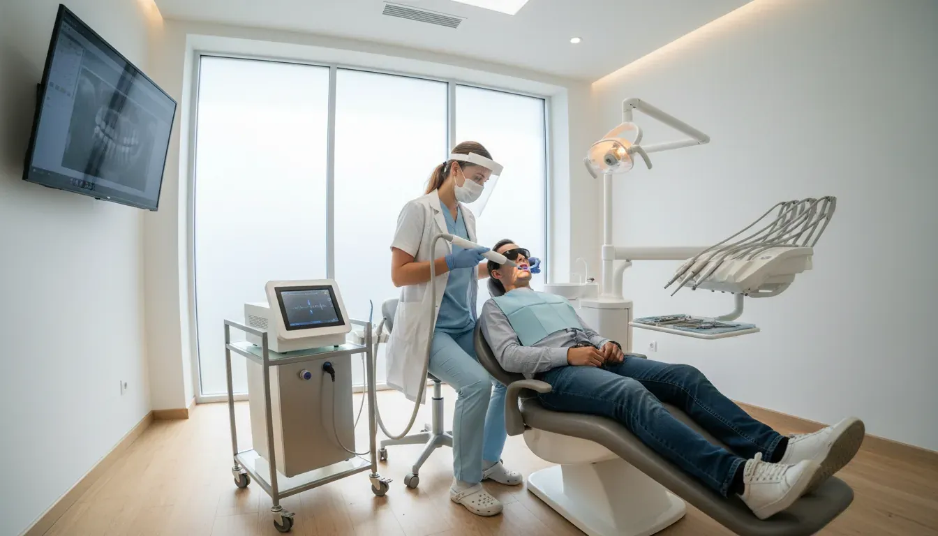 Dentist using ozone therapy on a patient in a modern, clean dental treatment room